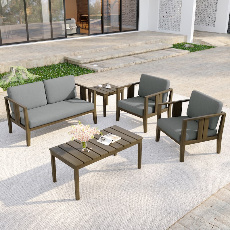 5-Piece Casual Outdoor Patio Furniture Set In Solid Teak Wood - Natural Wood - Grey