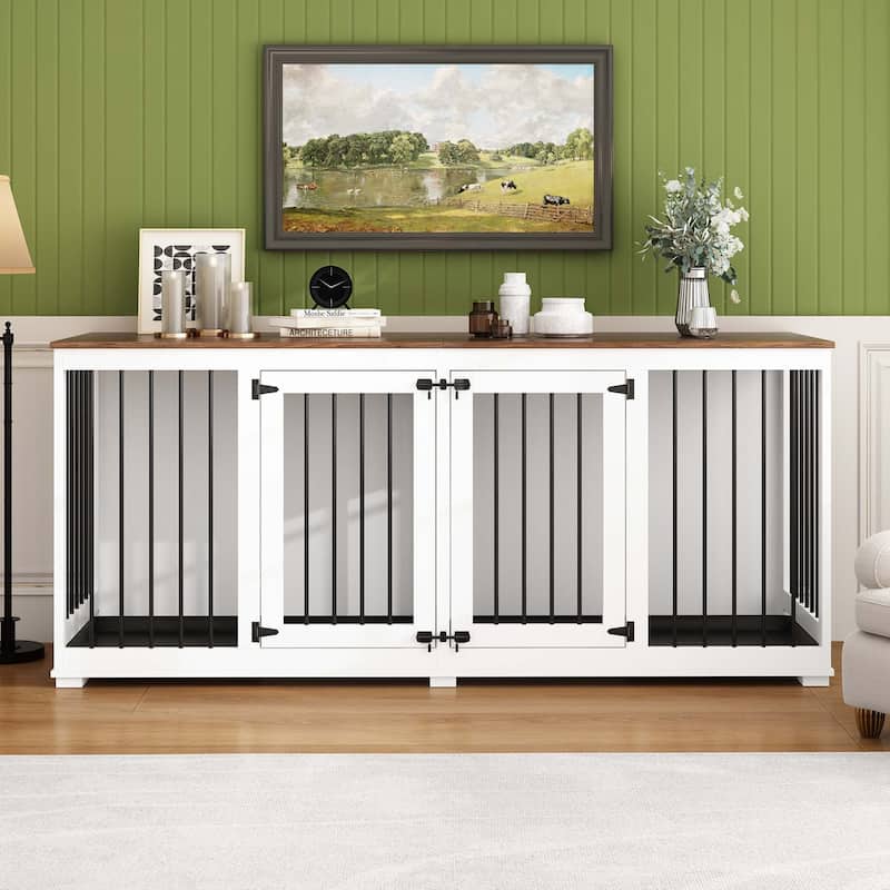Large Dog Crate Furniture, 70.9"L Wooden Dog Crate Kennel with Divider