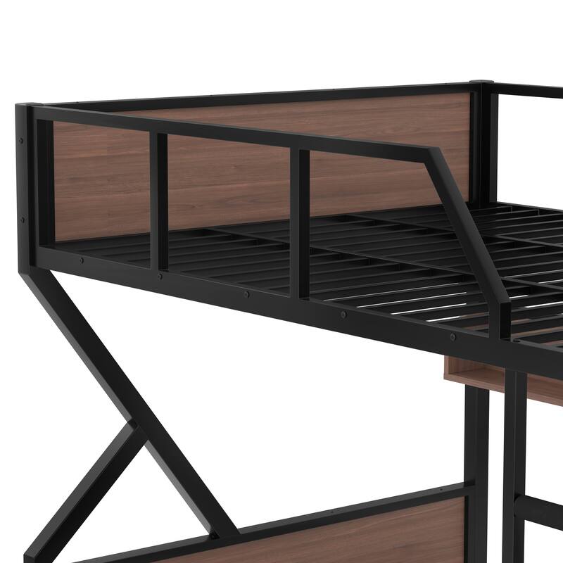 Metal Bedframe Queen Over Queen Bunk Bed with Storage Shelves and LED Light Strip, Space-saving & Noise-free Design