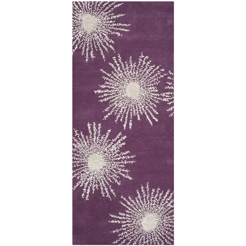 SAFAVIEH Handmade Soho Miyase Burst New Zealand Wool Rug - 2'6" x 10' Runner - Purple/Ivory