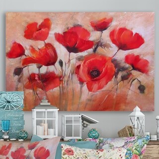 Designart "Red Blooming Poppies V" Traditional Canvas Wall Art - Bed ...