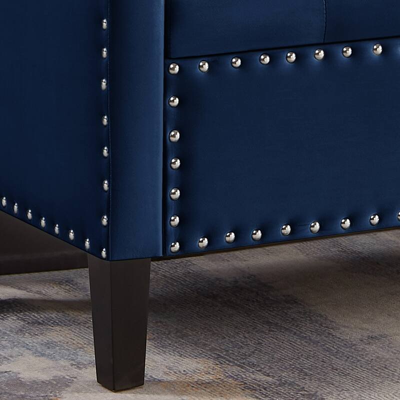 Navy Blue Velvet Upholstered Storage Bench with Nail Trim, Armrests - Entryway Seat