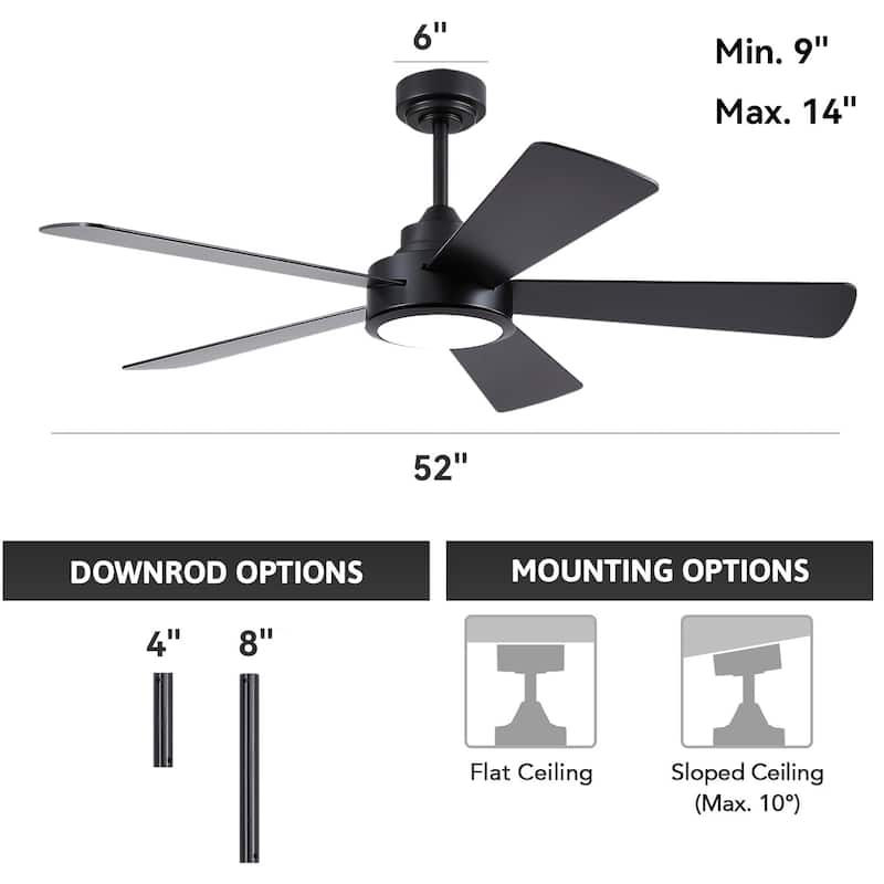52" Downrod Ceiling Fan with Light, Modern LED Ceiling Fan,Remote and APP Control,Quiet DC Motor,sloped ceiling compatiable