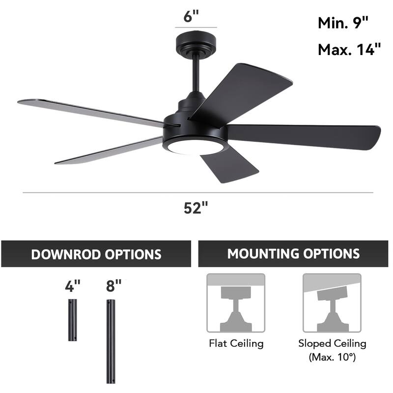 52" Modern Ceiling Fan with Light and Remote,APP Control,Suitable for Sloped Ceiling,Reversible Blades,DC Motor - 52 Inches