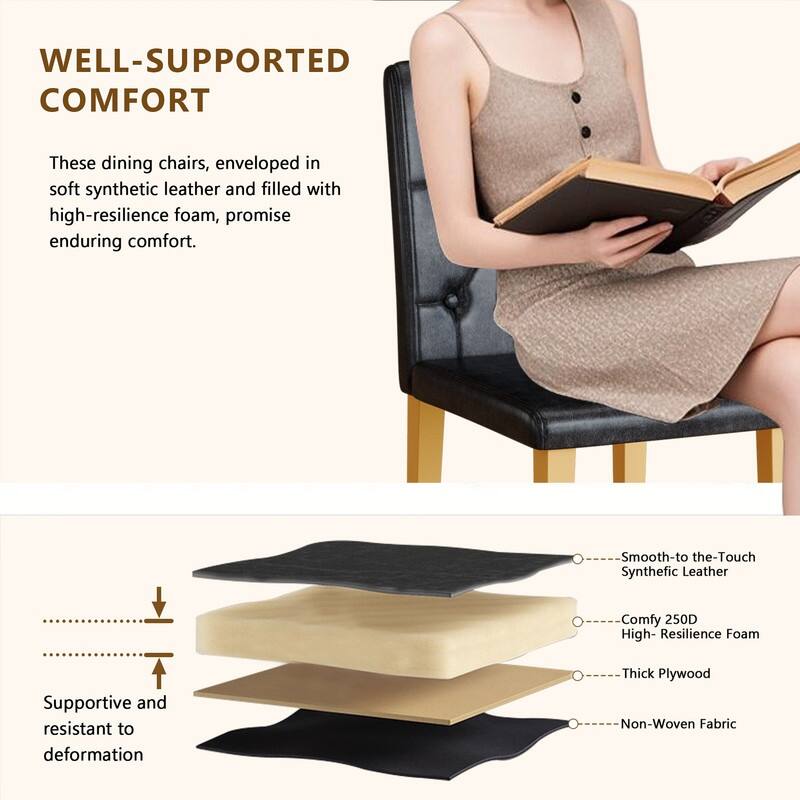 4-Pack Modern PU Dining Chairs with Ergonomic Buckle Backrest & Gold Metal Legs