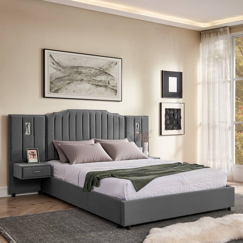 King/Queen Velvet Bed Frame with Vertical Stitch Headboard & Side Table