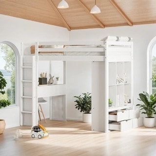 Eye-catching Design Twin Size Loft Bed with large shelves, Desk and LED Light, Maximum storage space, Versatility galore, White