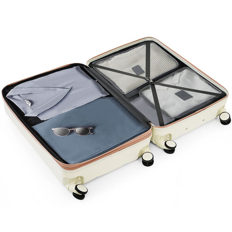 3-Piece, Modern Luggage Sets Hard Shell Luggage with Cup Holder and Spinner Wheels, for Boarding Travel, White