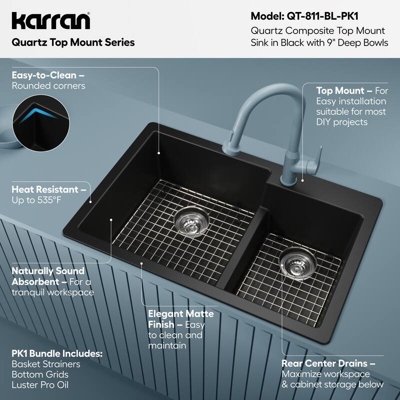 Karran 33" Top Mount Large/Small Bowl Quartz Kitchen Sink Kit - 33" x 22" x 9"