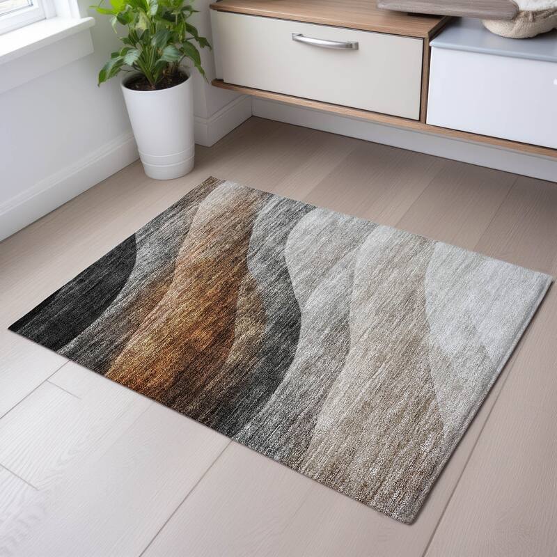 Premium Washable Super Soft Modern Waves Mayfield Rug - Khaki - 1'8" x 2'6"