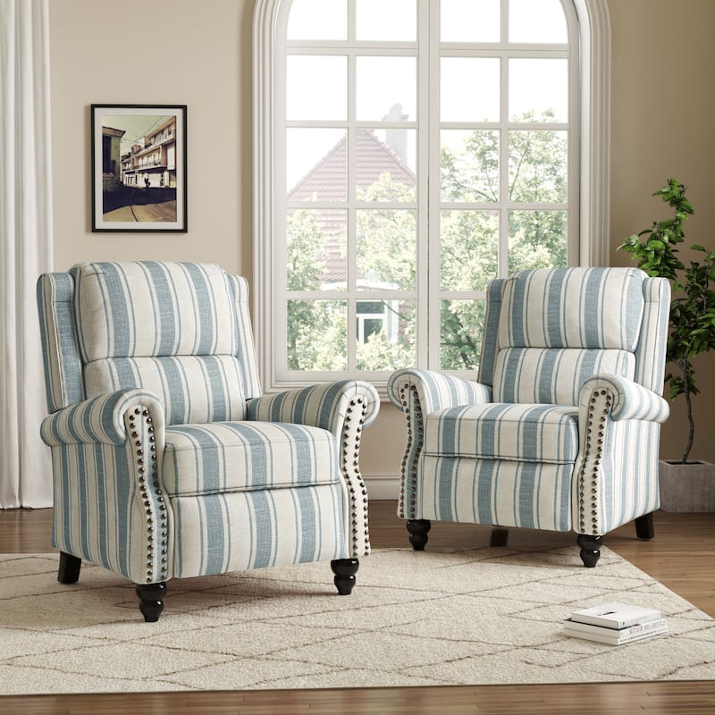 2 Set Manual Pushback Recliner Chair with Nailhead Trim - Stripe Blue