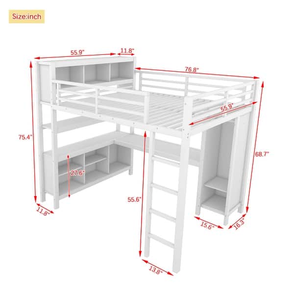 dimension image slide 1 of 4, All-in-One Metal Loft Bed with L-Shaped Desk & Wardrobe, Bedrooms Bed Frame with Storage Cubes, Shelves, Full-Length Guardrails