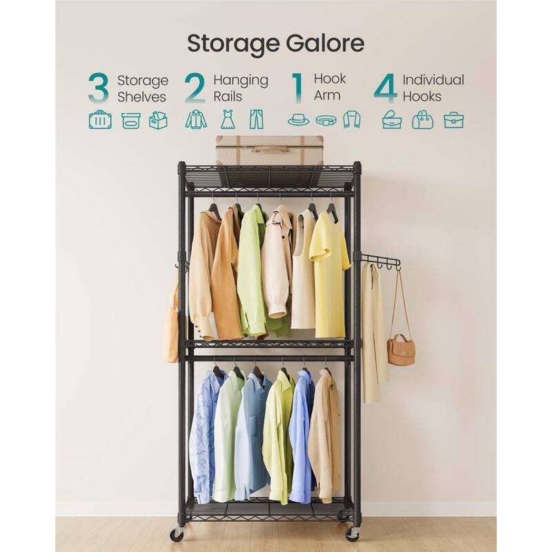 Black Adjustable Garment Rack with Hanging Rails and Shelves Hooks Wheels Heavy-Duty Steel Frame