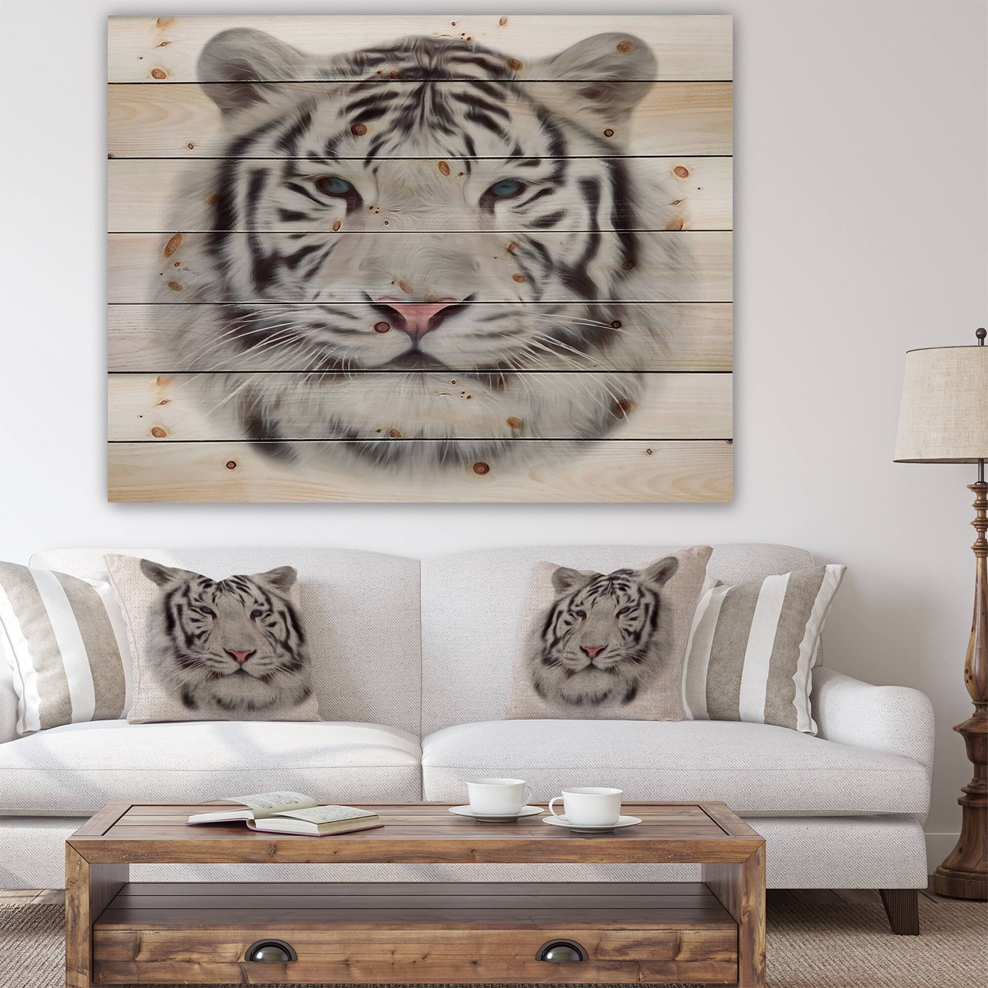 Designart 'White Bengal Tiger' Animal Art Print on Natural Pine Wood ...