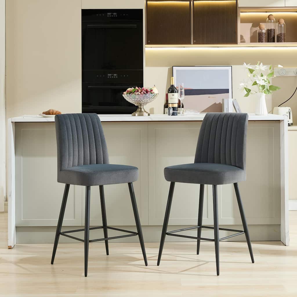 Velvet Upholstered Bar Stools Set of 2, Kitchen Bar Stools with Adjustable Iron Feet, Armless Dining Chairs with Footrest