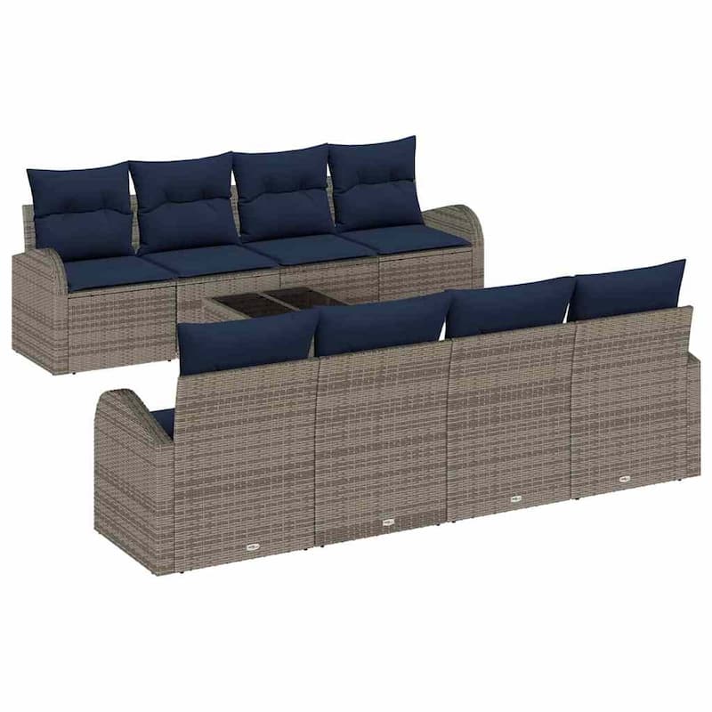 vidaXL 9 Garden Sofa Set with Cushions Black/Brown/Grey Poly Rattan - 92.1 x 24.4 x 27.2