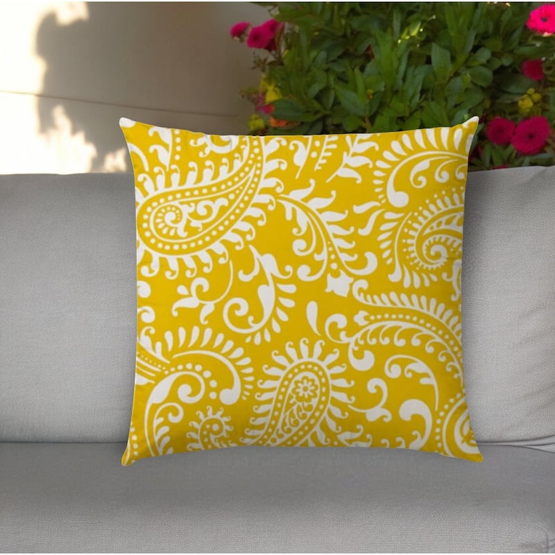 20" Yellow and White Paisley Indoor Outdoor Throw Pillow Cover - Yellow and White