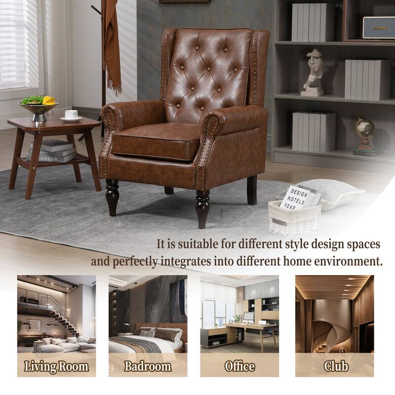 PU Leather Upholstered Accent Chair, Button Tufted Wingback Armchair, Leisure Reading Chair with Solid Wood Legs