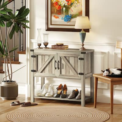 Farmhouse Cabinet with Barn-Style Doors Washed Gray Two-Door Storage Cabinet with Bottom Shelf - 35.5" x 15.25" x 31.75"
