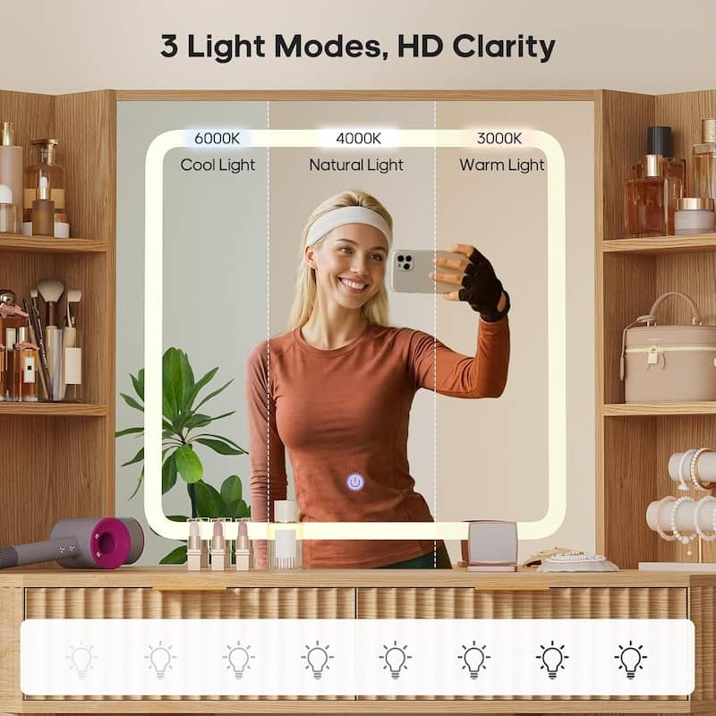 Corner Vanity Desk with Lighted Mirror Drawers Shelves Storage Stool