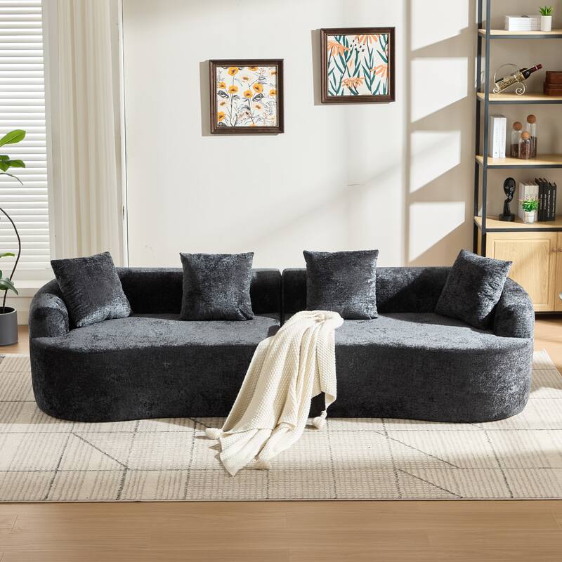 Curved Loveseat Sofa, 110'' Chenille 2-Seater Couch Deep Seat Sectional Couch with 3 Plush Pillows