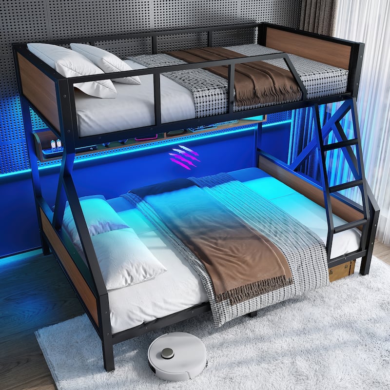 Full XL/Queen or Full+Storage Board/Queen Bunk Bed, Metal Bunk Bed with Storage Shelves and Lights