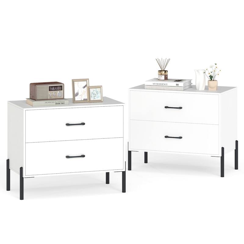 Gymax 2PCS 2-Drawer Dresser w/Metal Legs Handles Drawers Anti-Tipping - White - 2-drawer