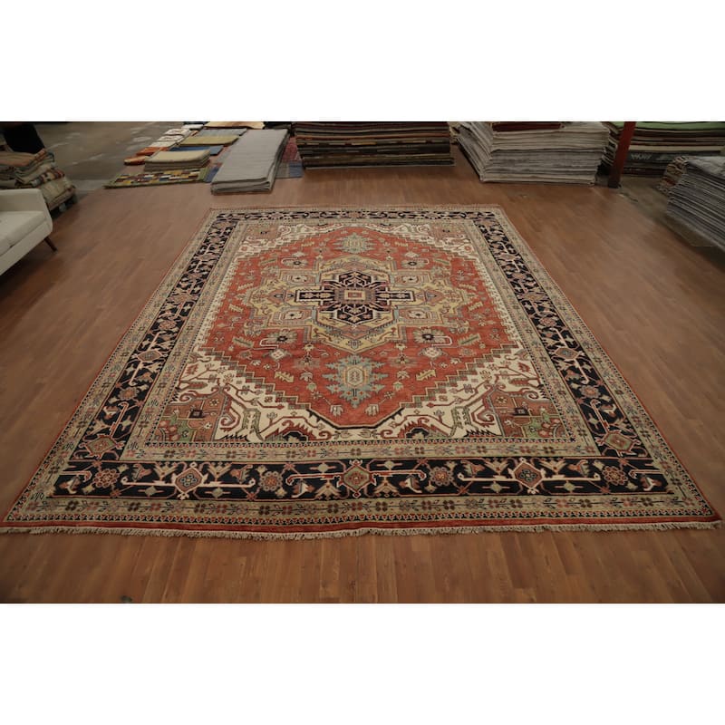 Hand Knotted Oriental 100% Wool Carpet Traditional Medallion Oranges & Rust Heriz (serapi) Area Rug - 14' 9'' X 11' 8''