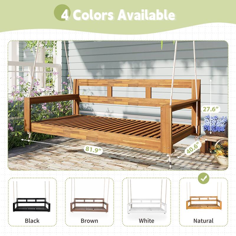 Patio Wooden Twin Size Porch Swing Daybed with 4 Hanging Ropes