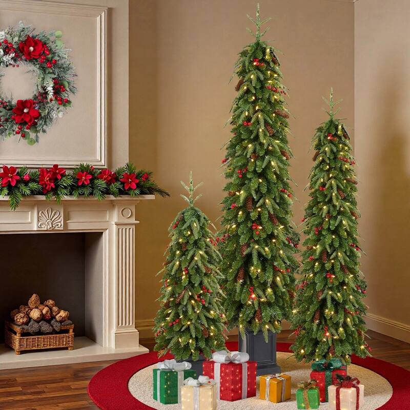3 Piece 4ft&6ft&7ft Pre-lit Artificial Christmas Tree with Red Berries, Pinecones and LED Lights Porch Decor by Glitzhome