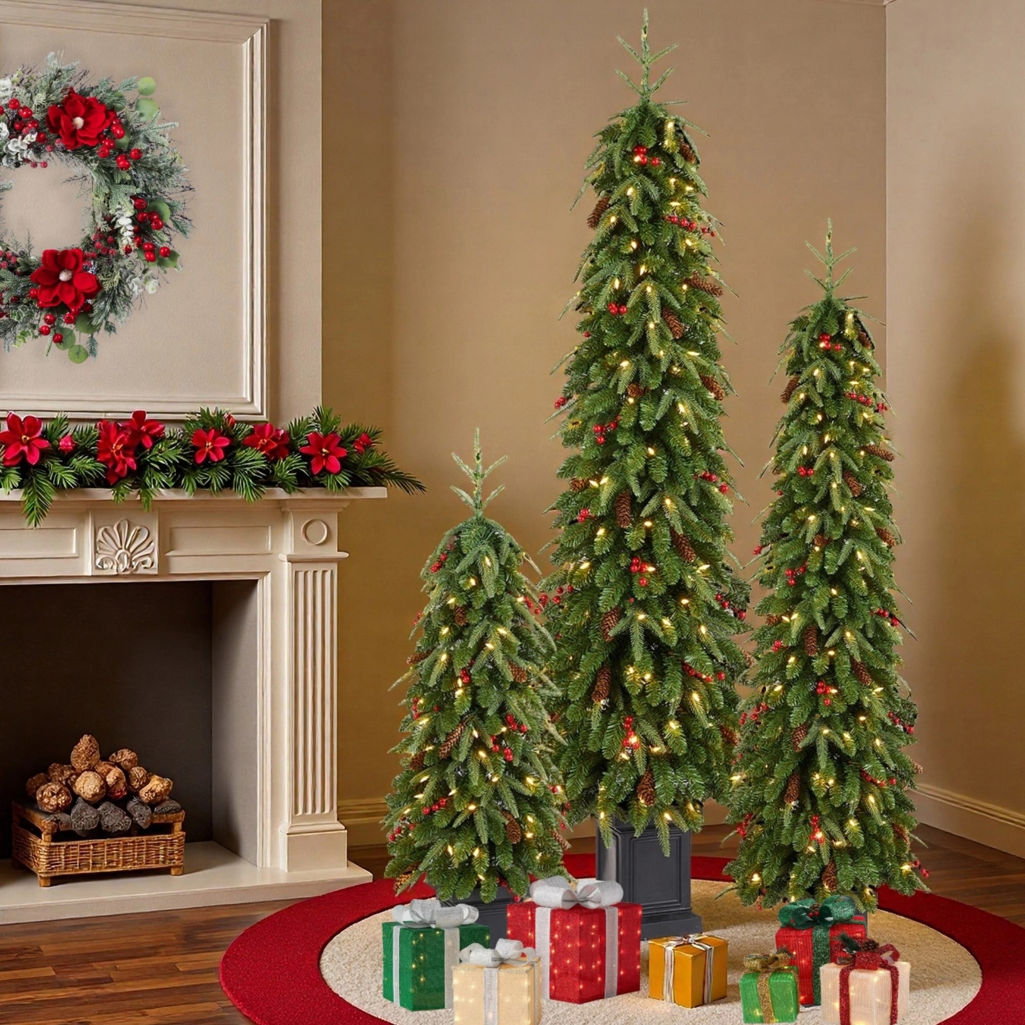 Glitzhome 3 Piece 4ft&6ft&7ft Pre-lit Artificial Christmas Tree with Red Berries, Pinecones and LED Lights