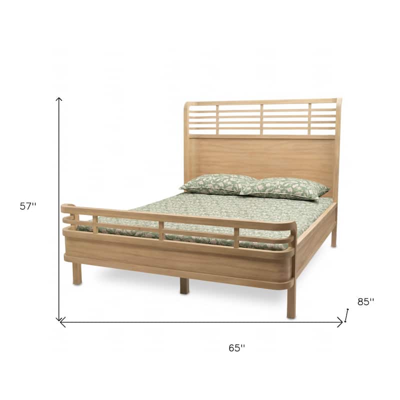 HomeRoots Brown Carved Geometric Solid Wood Queen Bed Frame