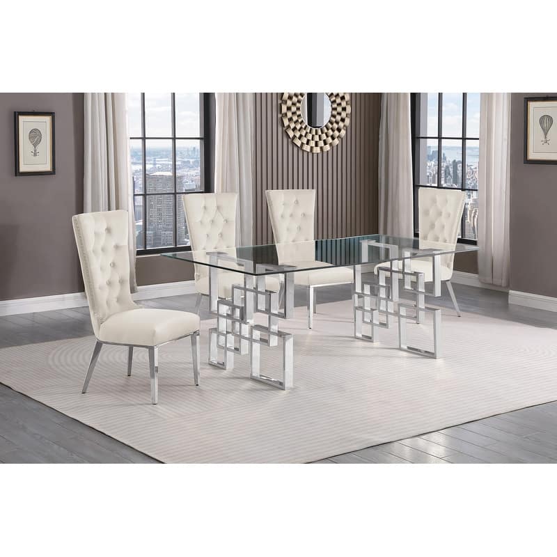 Best Quality Furniture D221/2-SC330-7 Dining Set with 12mm Tempered Glass - 5-Piece - Cream with Silver