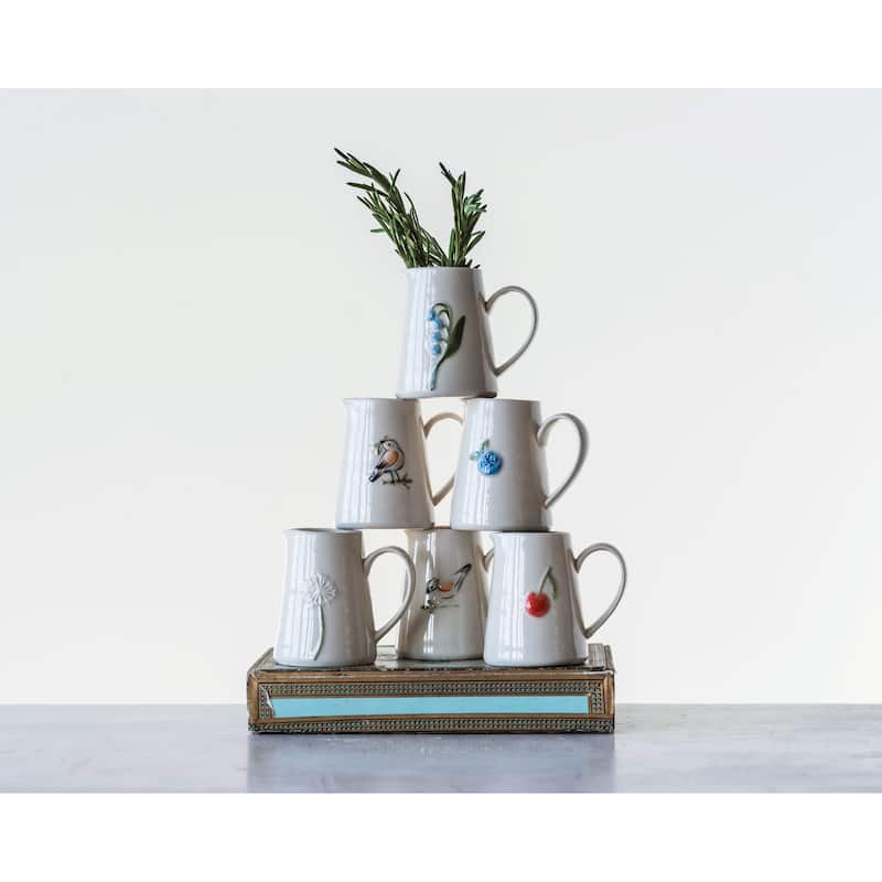 White Stoneware Creamer with Hand-Painted & Embossed Birds (Set of 6 Designs)