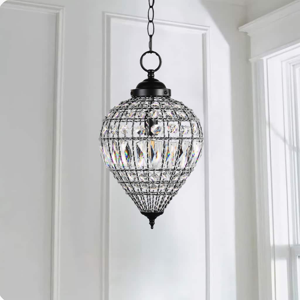 Matte Black Beaded Crystal 1 Light Island Pendant 12" Chandelier - 9" Wide x 12" Height