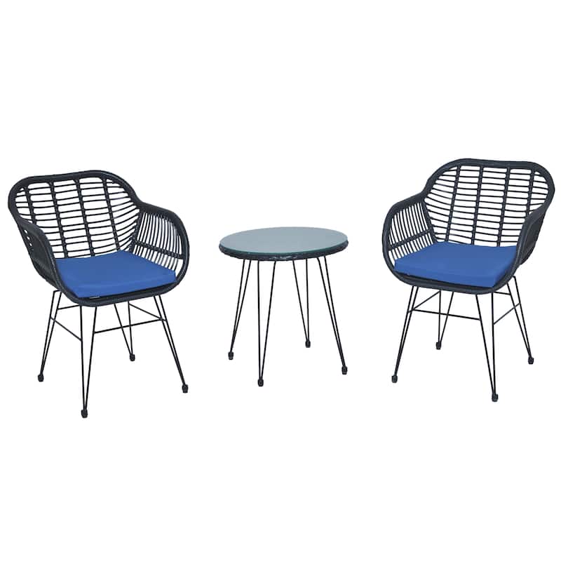 3 Pieces Patio Rattan Conversation Set with Coffee Side Table - Black+Royal Blue