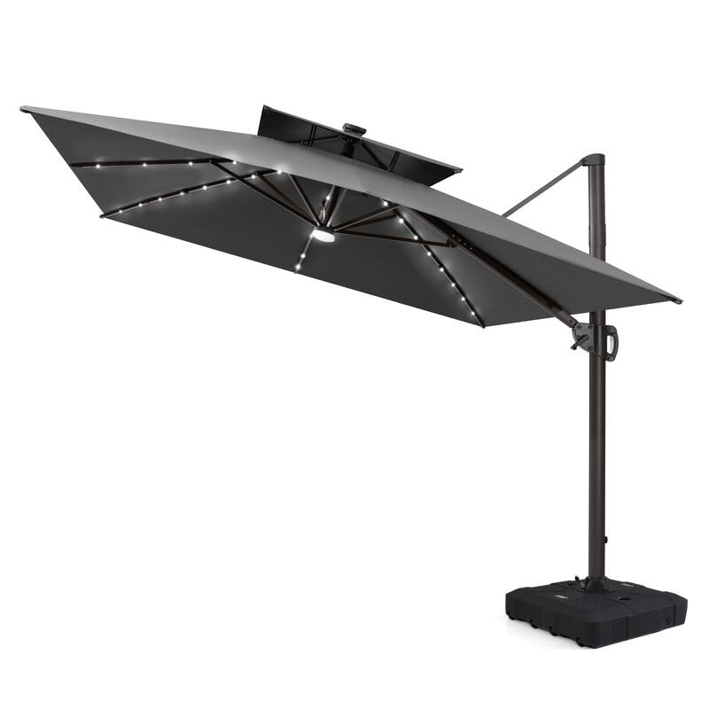 12 x 9 FT Outdoor Patio Aluminum Cantilever Umbrella with Solar Lights Double Canopy with Wheel Base