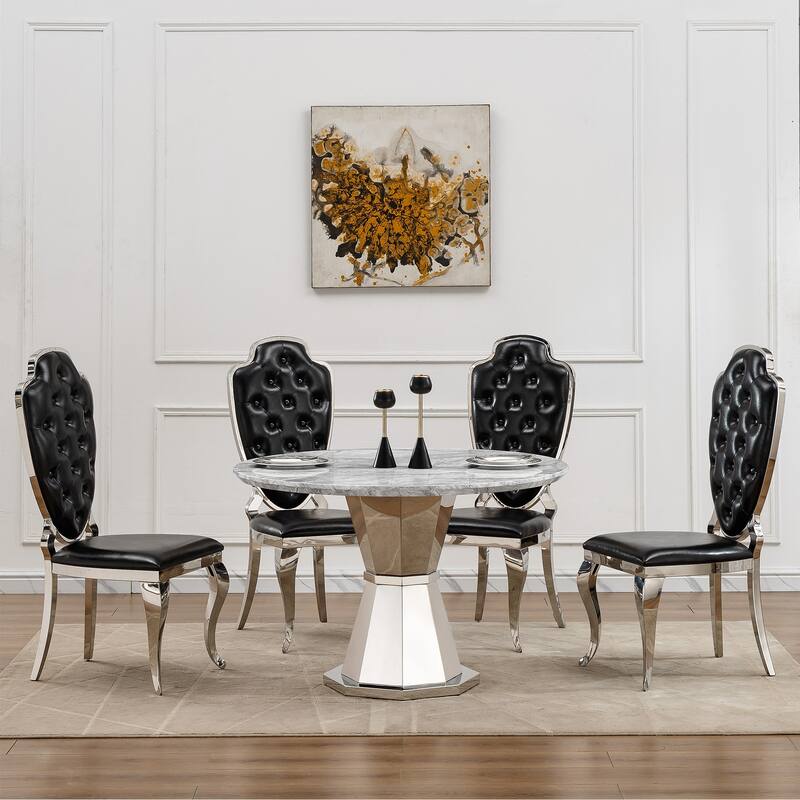 47" Round Dining Table with Faux Marble Tabletop and Stainless Steel Base - Gray+Silver