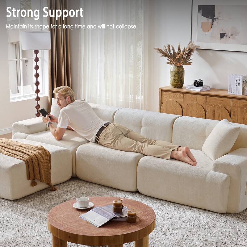 118 inch Oversized 3 Seater L-Shaped Chenille Boneless Modular Sectional Sofa Couch with Movable Ottoman