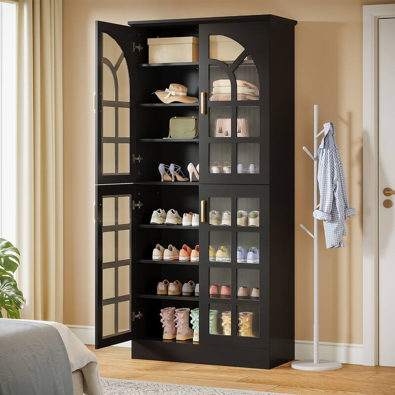 8-Tier Tall Shoe Storage Cabinet with Doors, Led Lights and Adjustable Shelves for Entryway, White