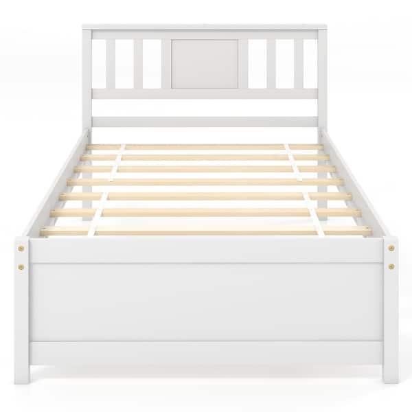 slide 2 of 8, Wooden Platform Bed with Headboard and Wood Slat Support White-Twin Size White