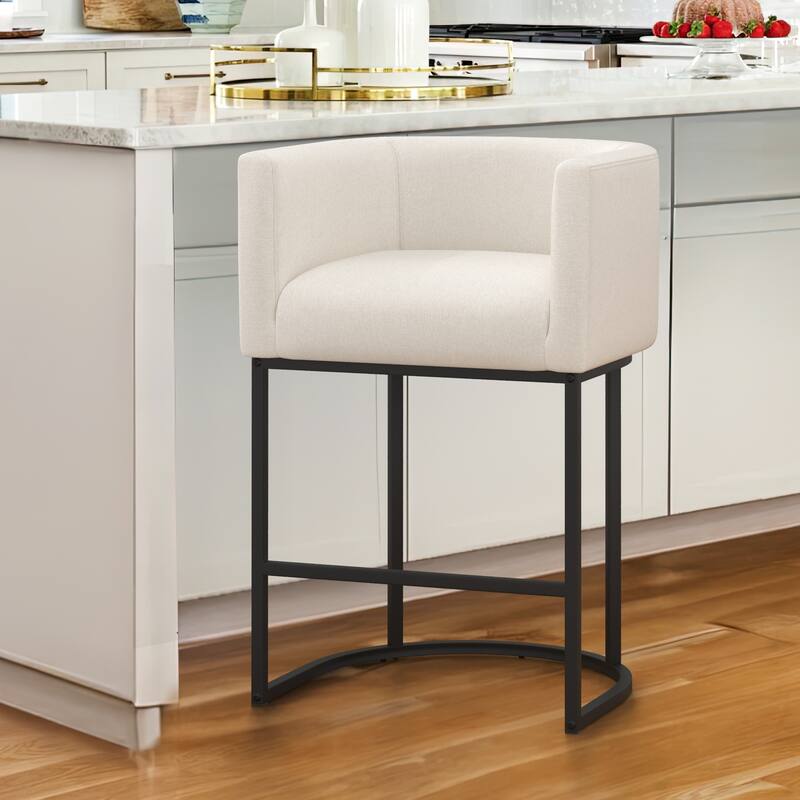 26 in. Counter Height Low Back Bar Stool with Metal Frame Modern Barrel Fabric Bar Stool for Kitchen Island