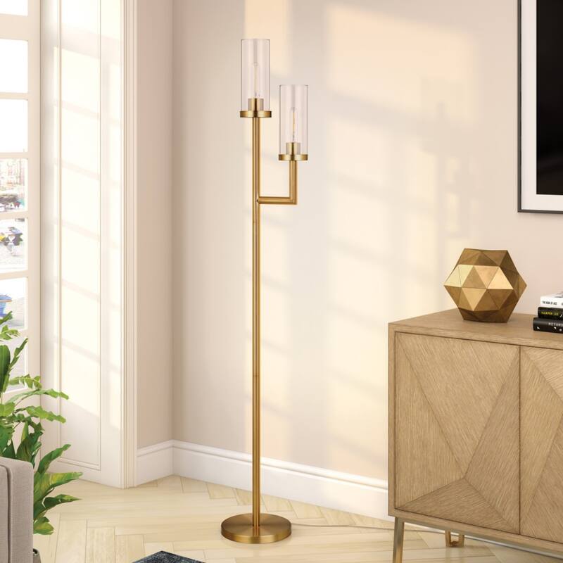 69" Tall Torchiere Floor Lamp with Clear Glass Drum Shades and 2-Light Metal Stand 8 Feet Cord - 69"H x 11"W x 11"D