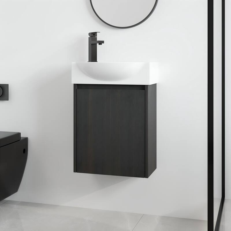 Malwee 16" Floating Bathroom Vanity, Mini Wall Mounted Bathroom Vanity with Ceramic Sink and Soft Close Door - 16"×11"×22"