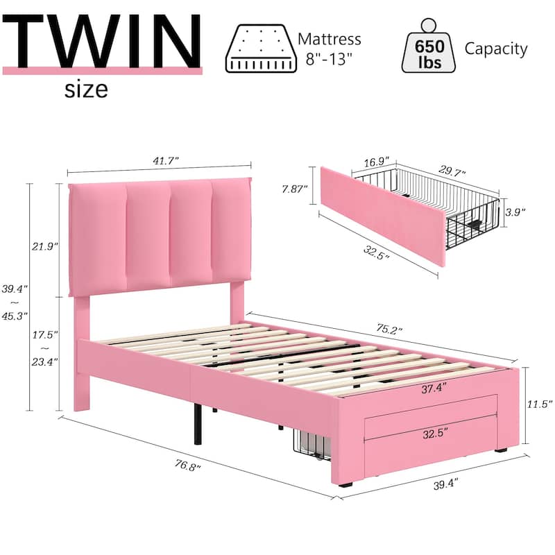 Javlergo Bed Frame with Storage Drawers, Upholstered Platform Bed Frame with Adjustable Headboard