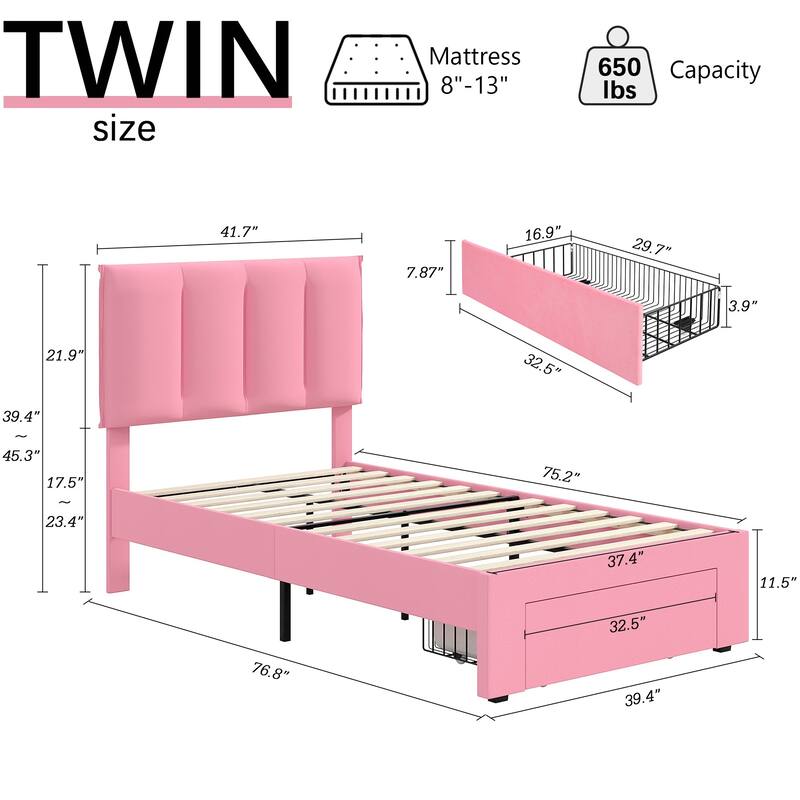 Pink Bed Frame with 4 Storage Drawers, Upholstered Platform Bed Frame with Adjustable Headboard