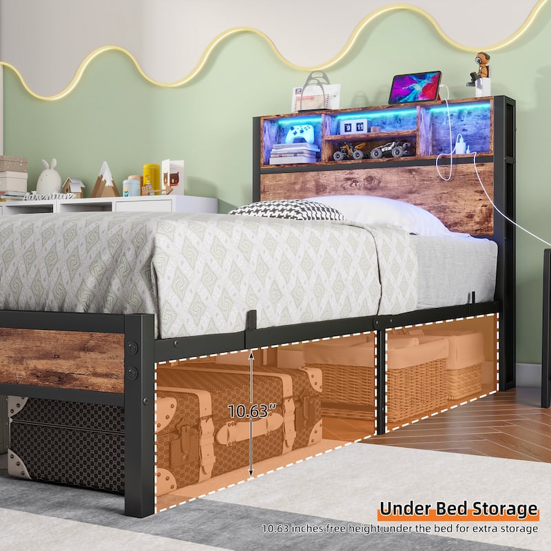 Twin Metal Platform Bed with Built-In Charging Station, LED Headboard Lighting, Bookcase Storage, and Under-Bed Space