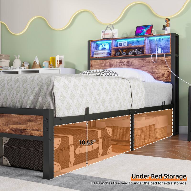 Twin Size Metal Bed Frame with Storage Headboard, Charging Station, and RGB LED Lights