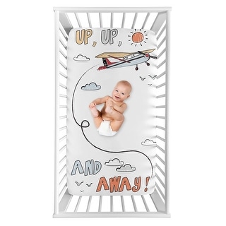 Vintage Airplane Boy Photo Op Fitted Crib Sheet - Grey Yellow Orange Red White Blue Airplanes Air Plane Transportation Clouds