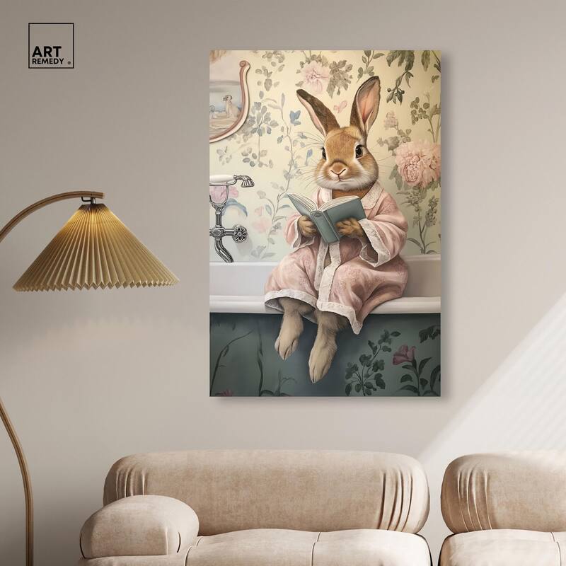 Bunny Bibliophile Bathing Canvas by Art Remedy, Gallery Wrapped